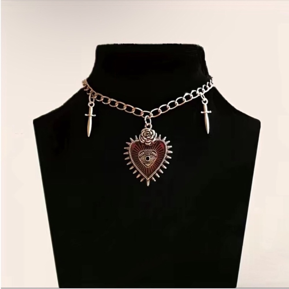 gothic silver-toned choker necklace red heart pendant Devil eye dagger charms. - Picture 4 of 9
